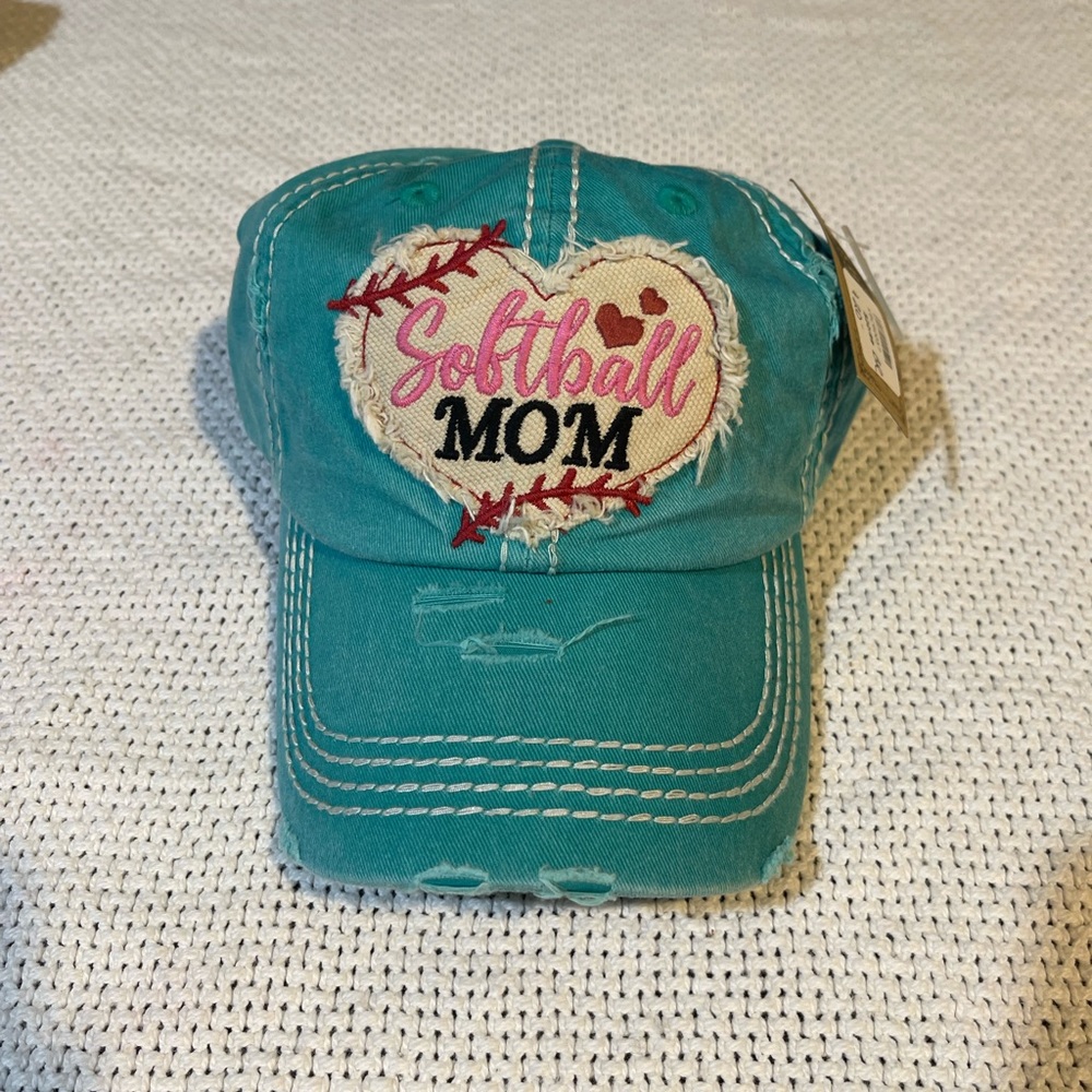 🐙Turquoise Distressed Baseball Cap “Softball Mom” NWT